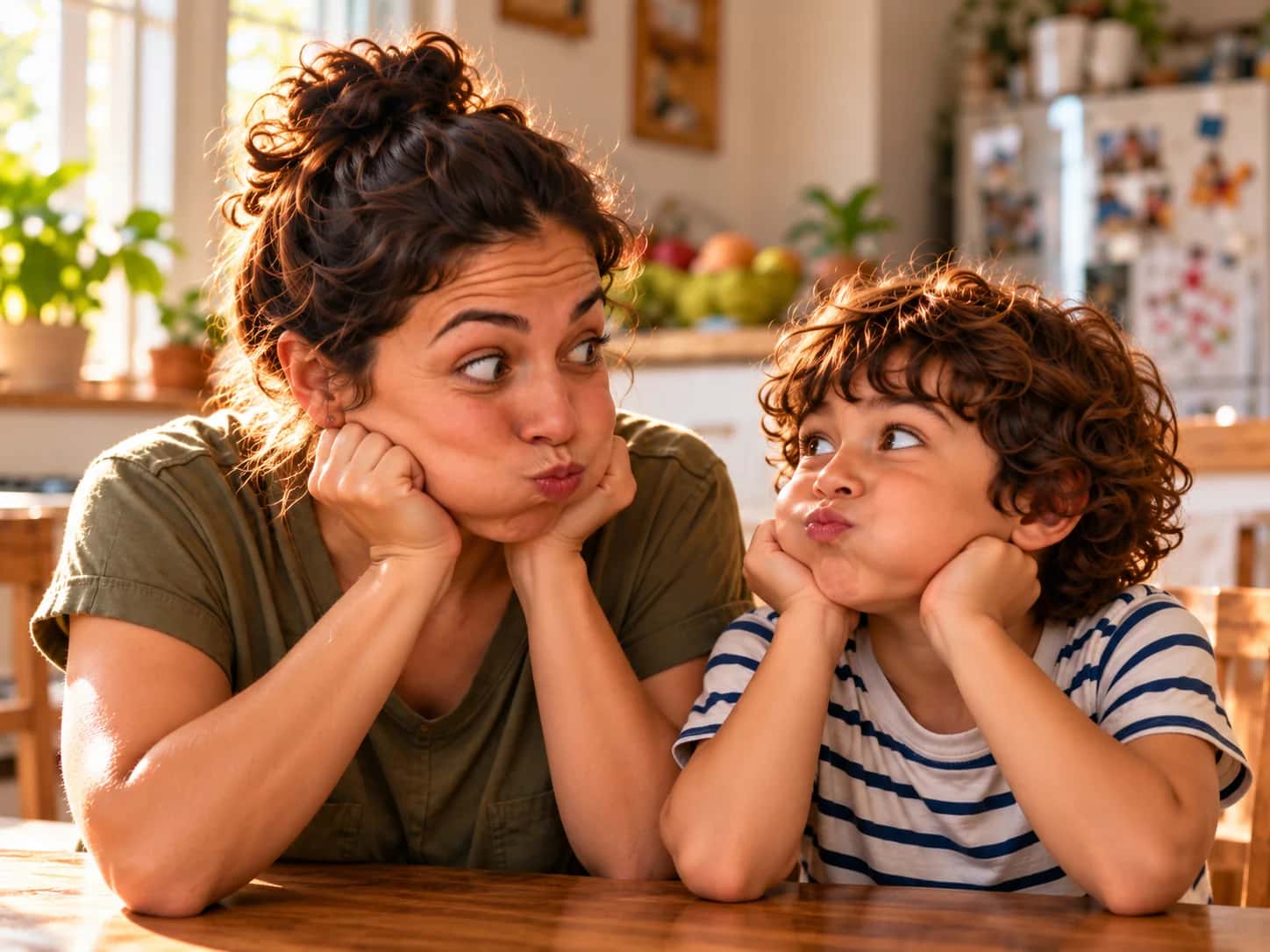 Mãe e filho fazem a mesma careta.