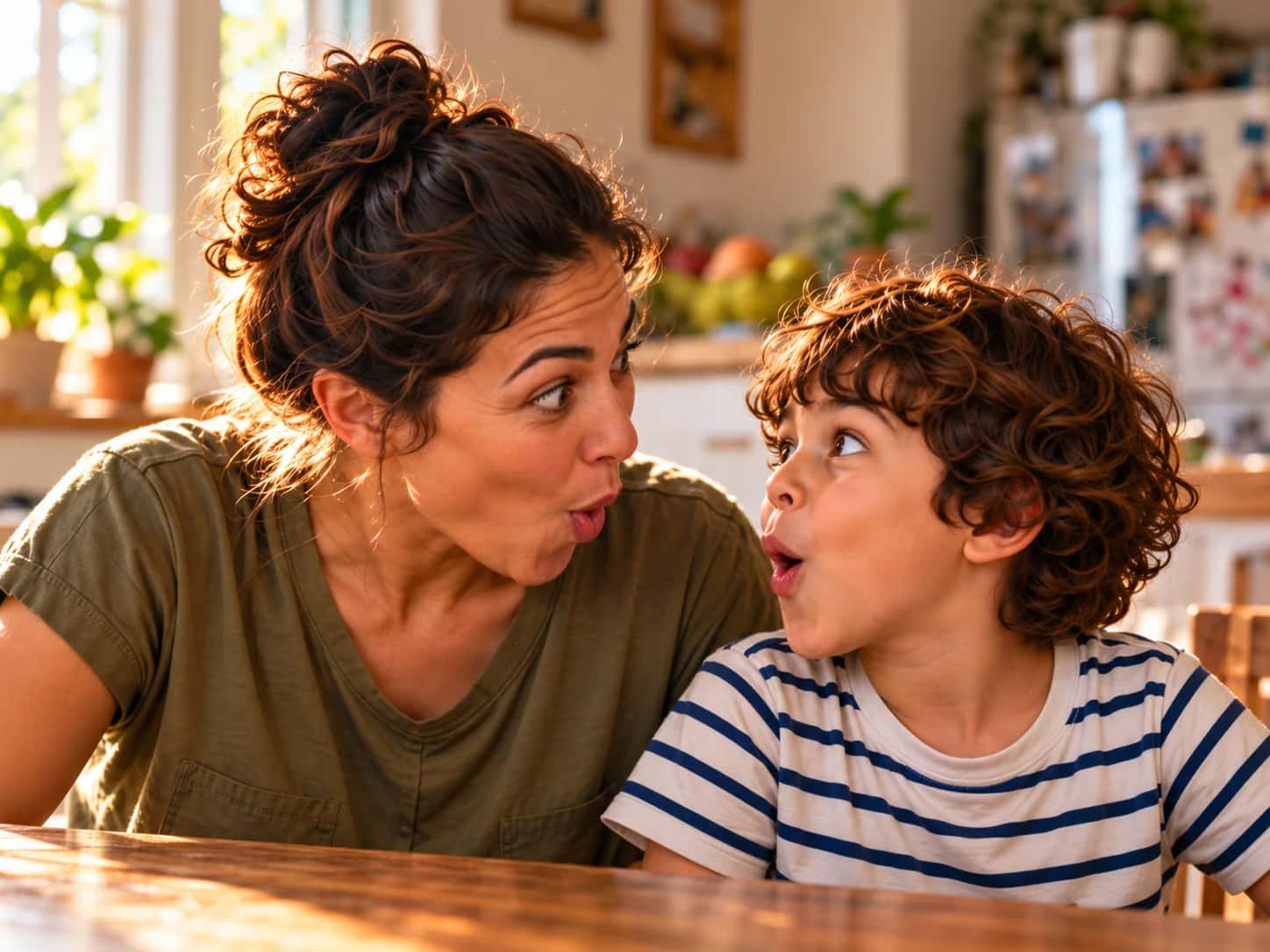Mãe e filho imitam expressões e riem.