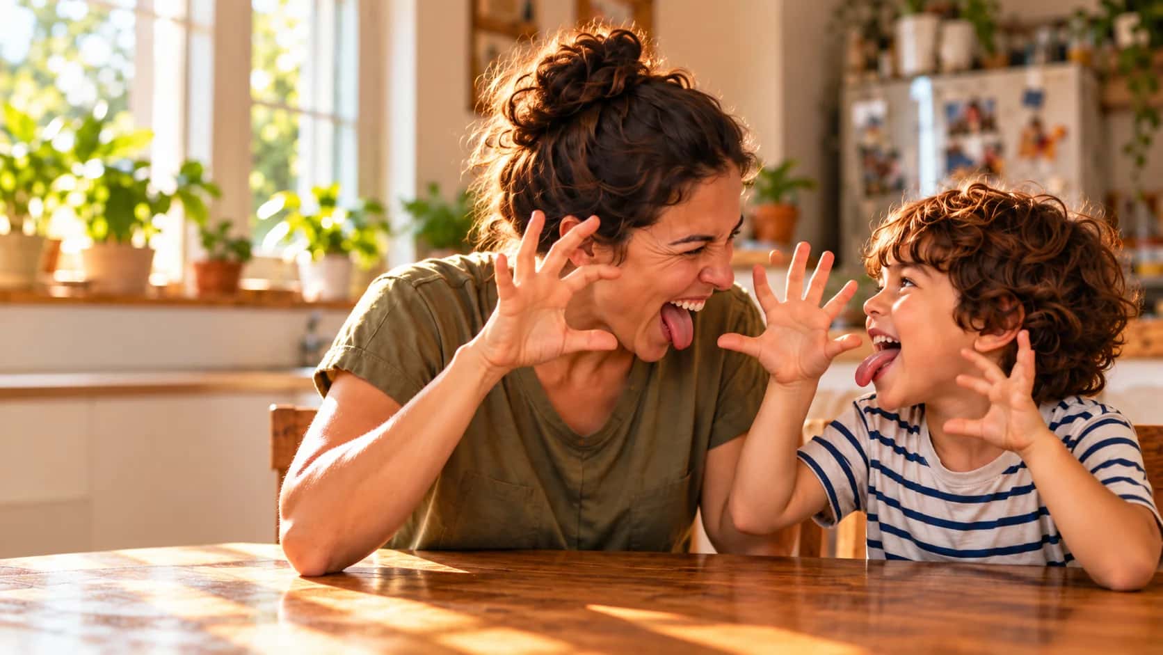Mãe e filho riem e imitam gestos com as mãos.