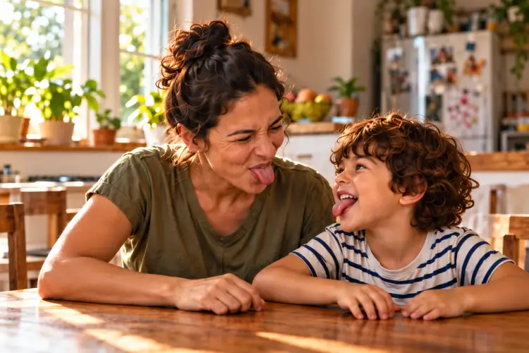 Mãe e filho brincam de imitar caretas à mesa.
